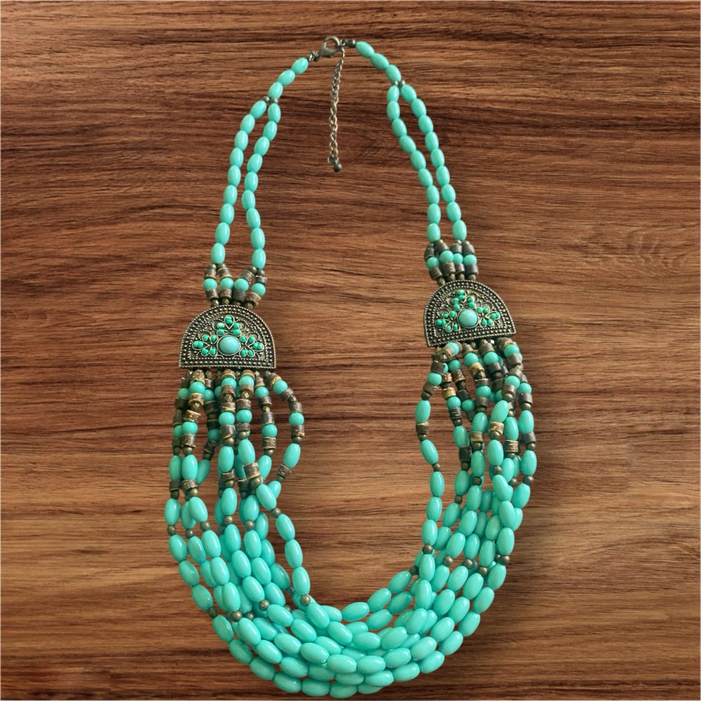 Bronze Turquoise Beaded Necklace Boho Western statement piece